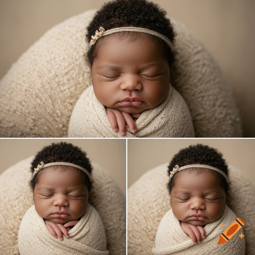 Close-up portrait of a newborn baby girl sleeping, swaddled in a cream blanket.