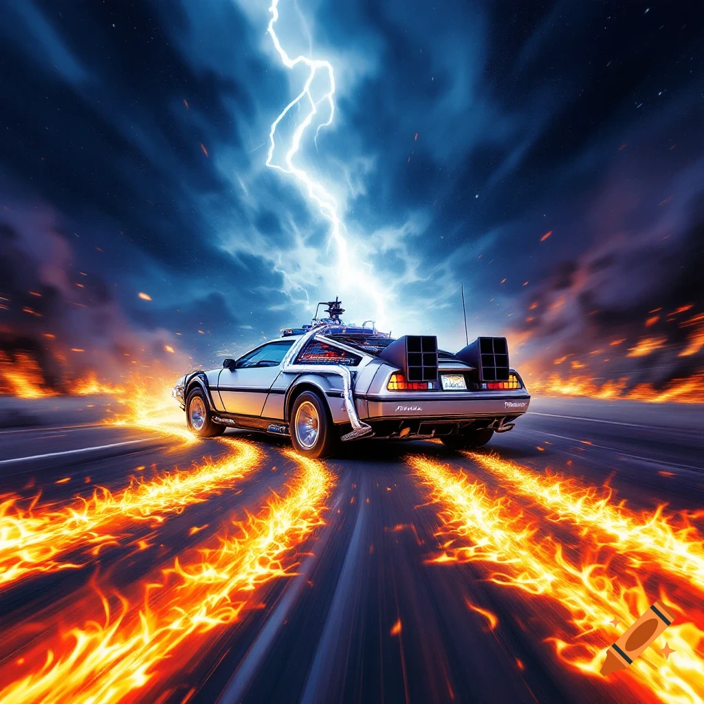 A futuristic car resembling a DeLorean speeds down a road at night, leaving fiery tire tracks as lightning strikes above.