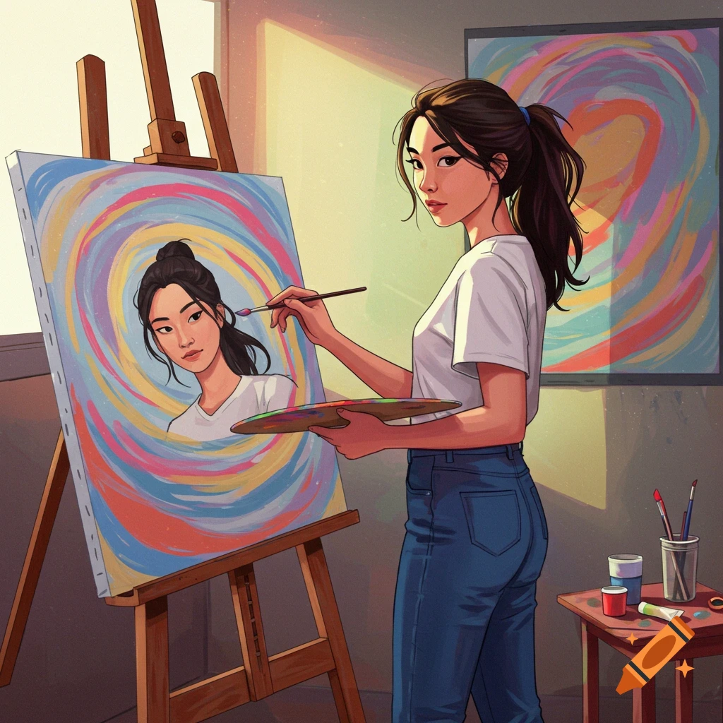 Illustration of a woman painting a colorful self-portrait on an easel.
