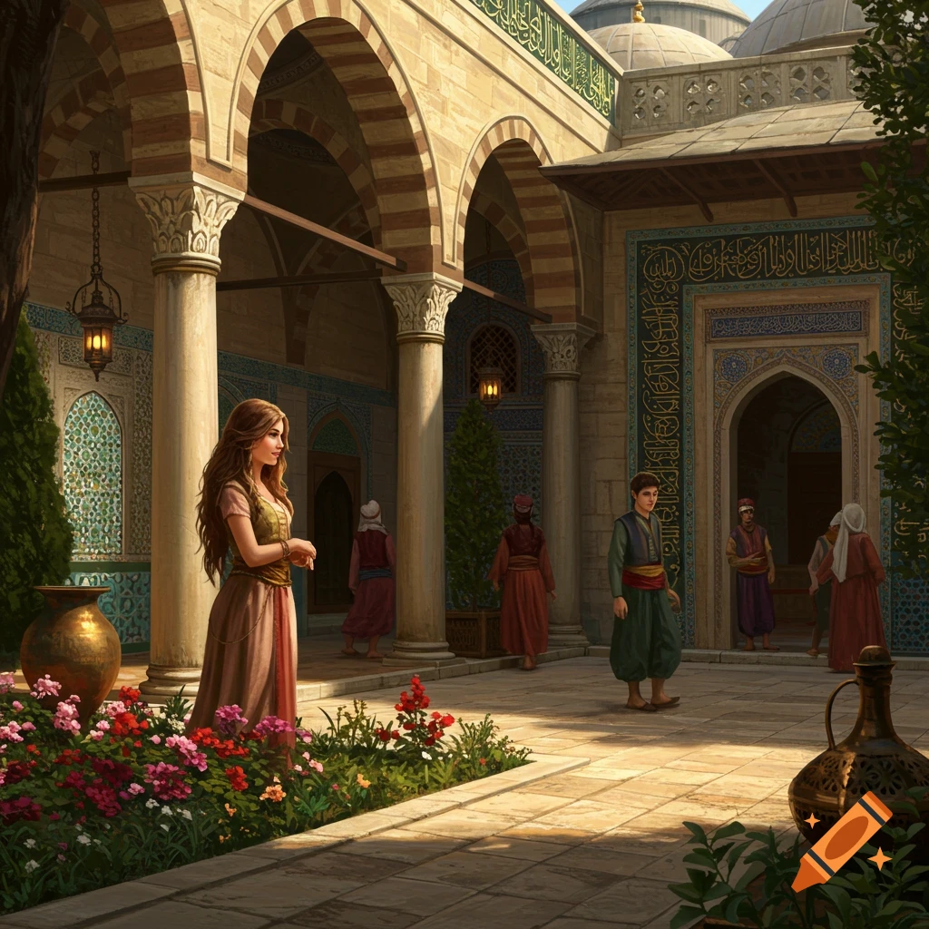 An Ottoman courtyard bustling with people and vibrant flowers, showcasing intricate architectural details.
