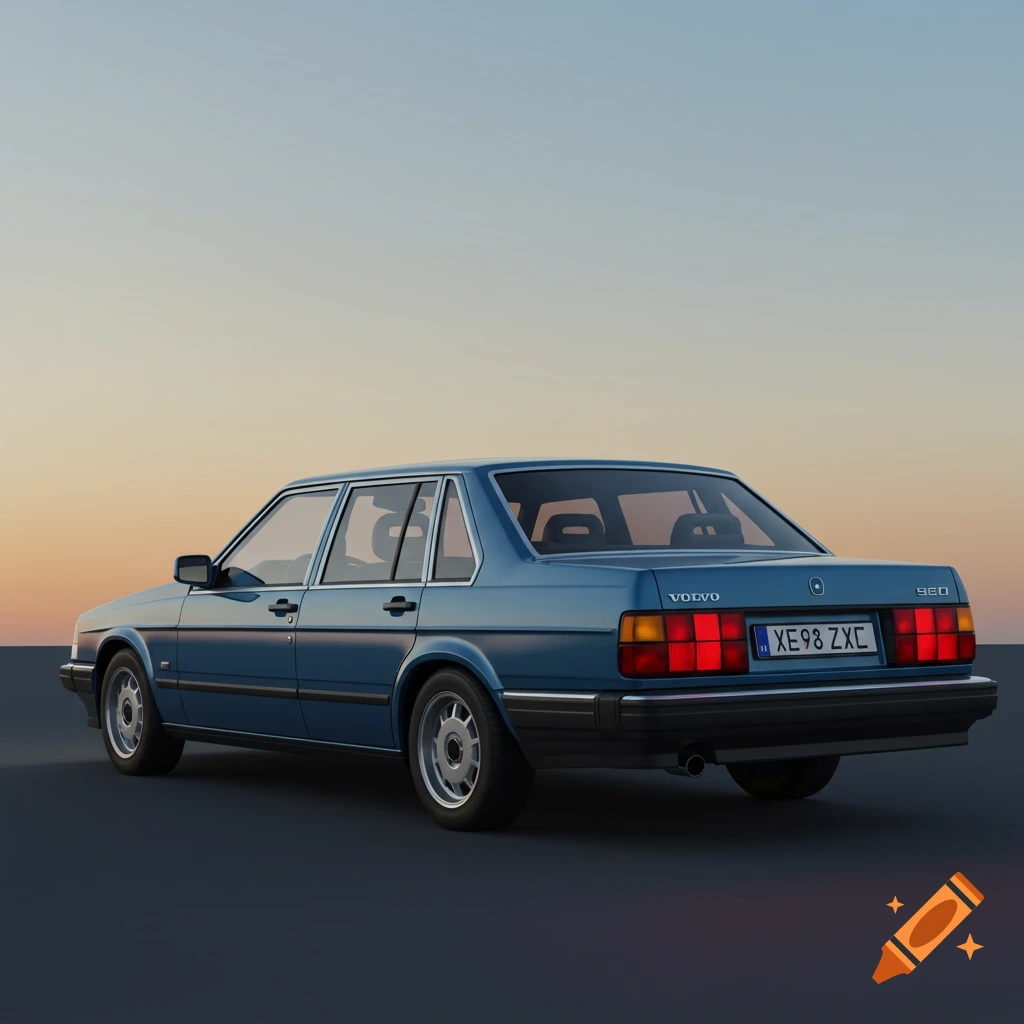 The rear view of a blue 1990 Volvo 960 sedan at sunset.