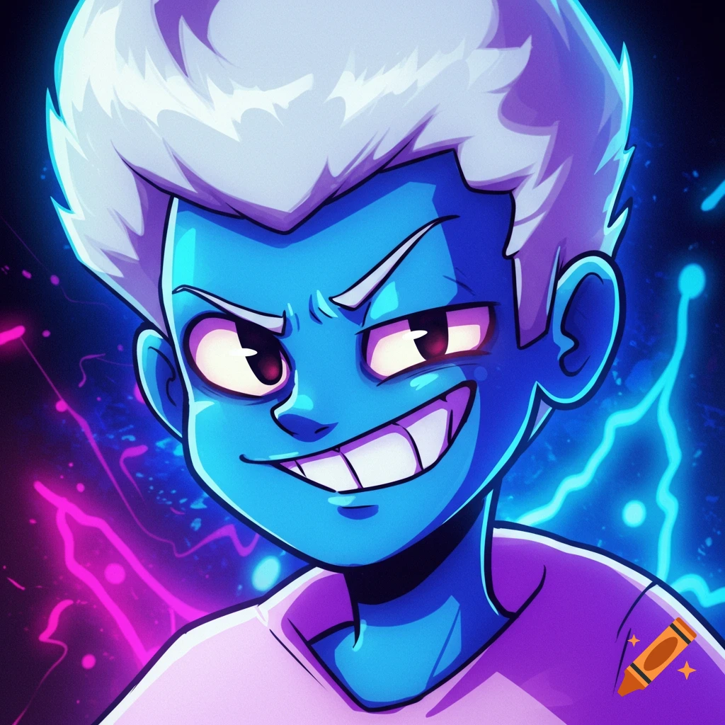 Cartoon portrait of a blue-skinned character with white hair and a wide grin against a neon background.