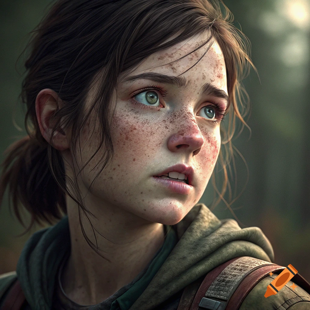 Photorealistic portrait of Ellie from The Last of Us, a young woman with freckles, looking up outdoors.