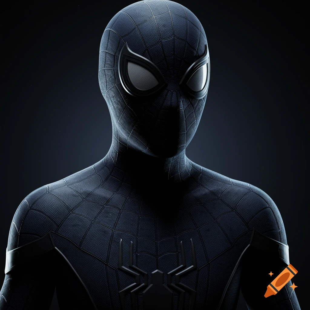 Close-up portrait of a person wearing a realistic black Spider-Man suit.
