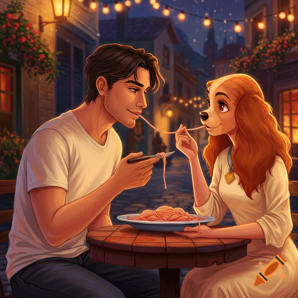 a man and woman with dog features sharing spaghetti at an outdoor table.