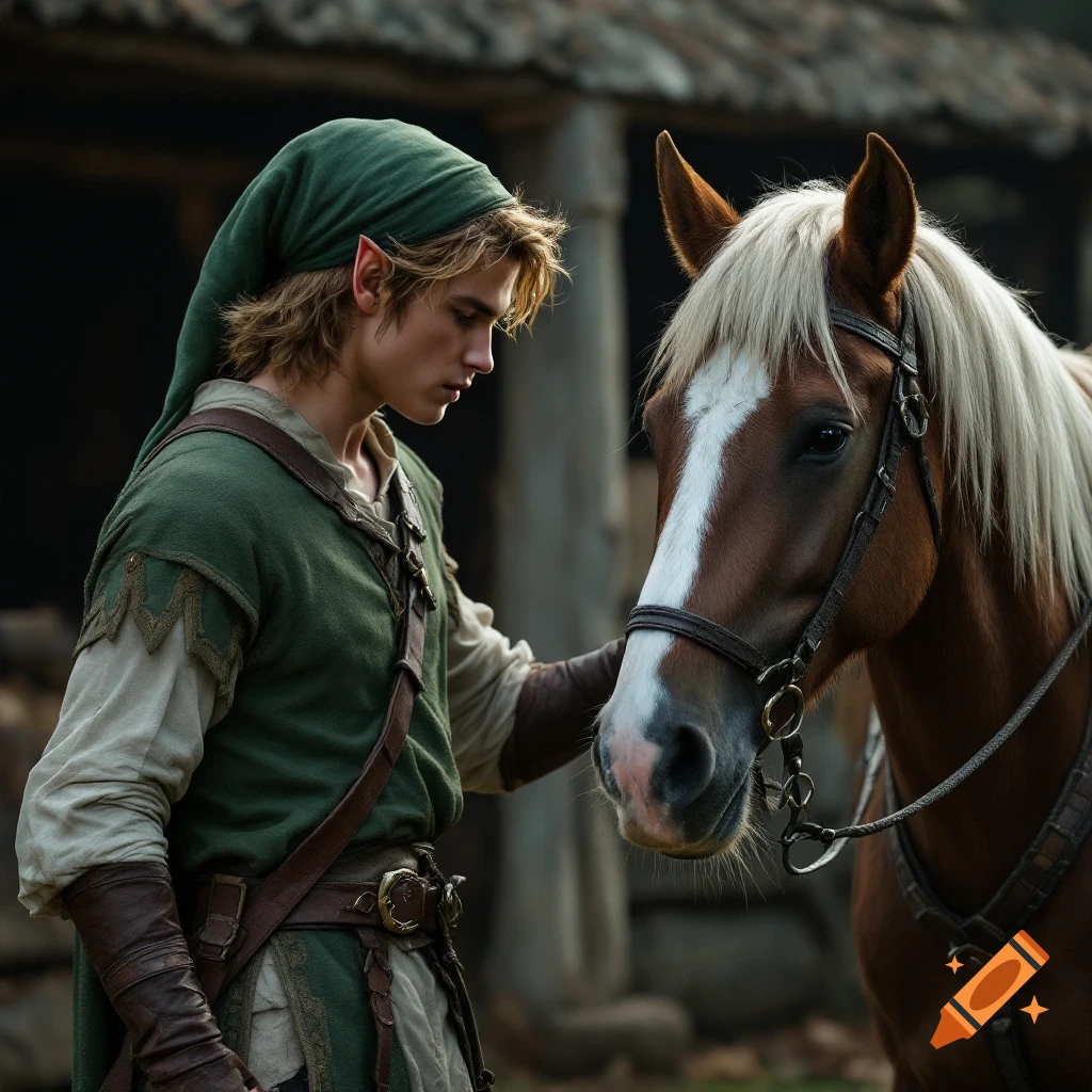 Person resembling Link with pointed ears and green tunic stands beside a brown horse