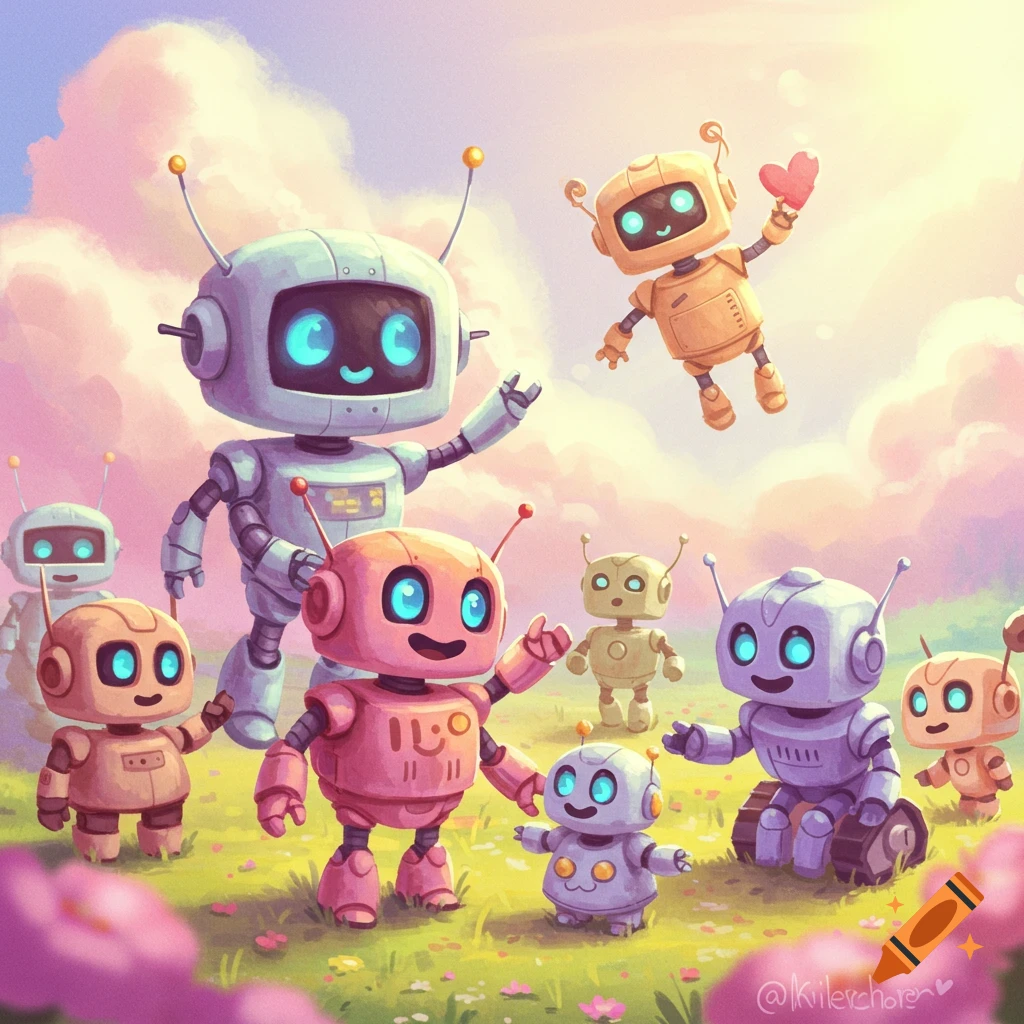 Cute colorful robots in a field under a pastel sky