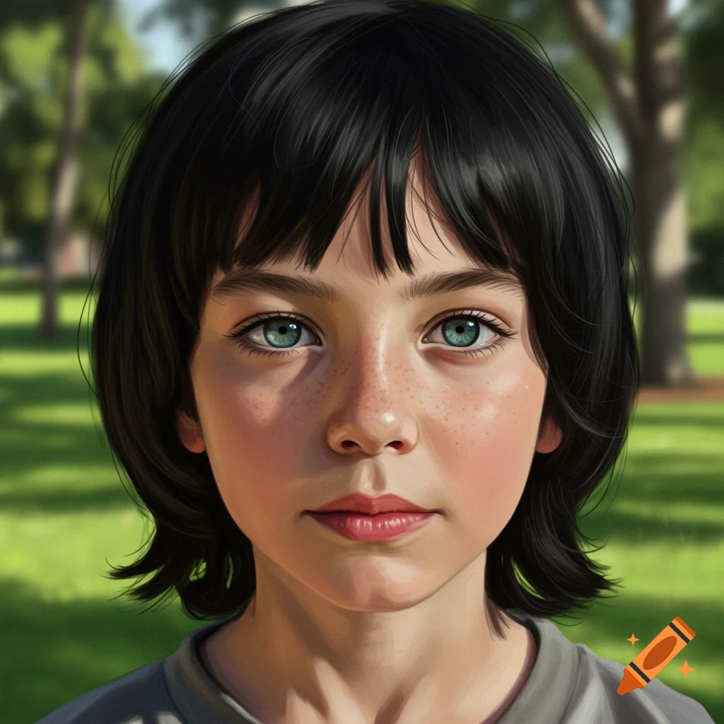 A portrait of a child with dark hair and blue-green eyes in a park.