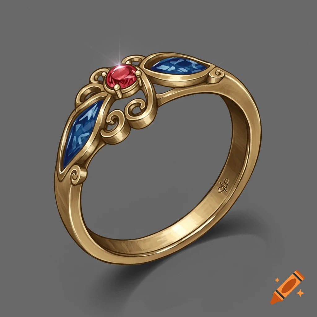 An ornate golden ring with a red gemstone center and blue gemstones on the sides.