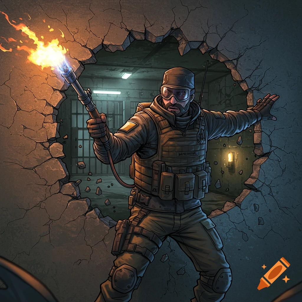 A tactical character uses a torch to break through a wall into a prison hallway.