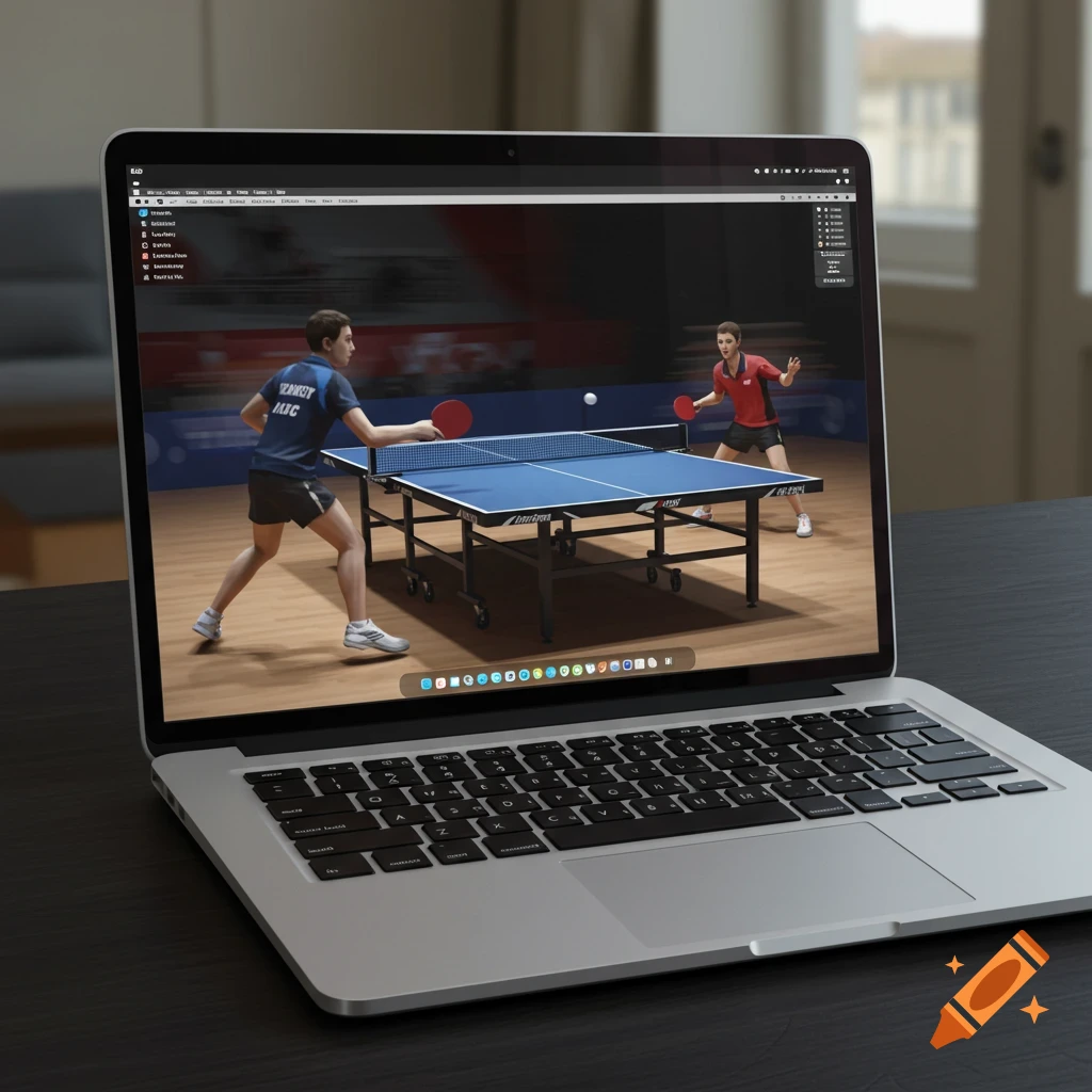 A laptop displaying a table tennis video game.