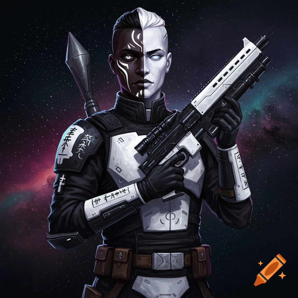 A sci-fi bounty hunter with a yin yang face design holds a gun against a space background.