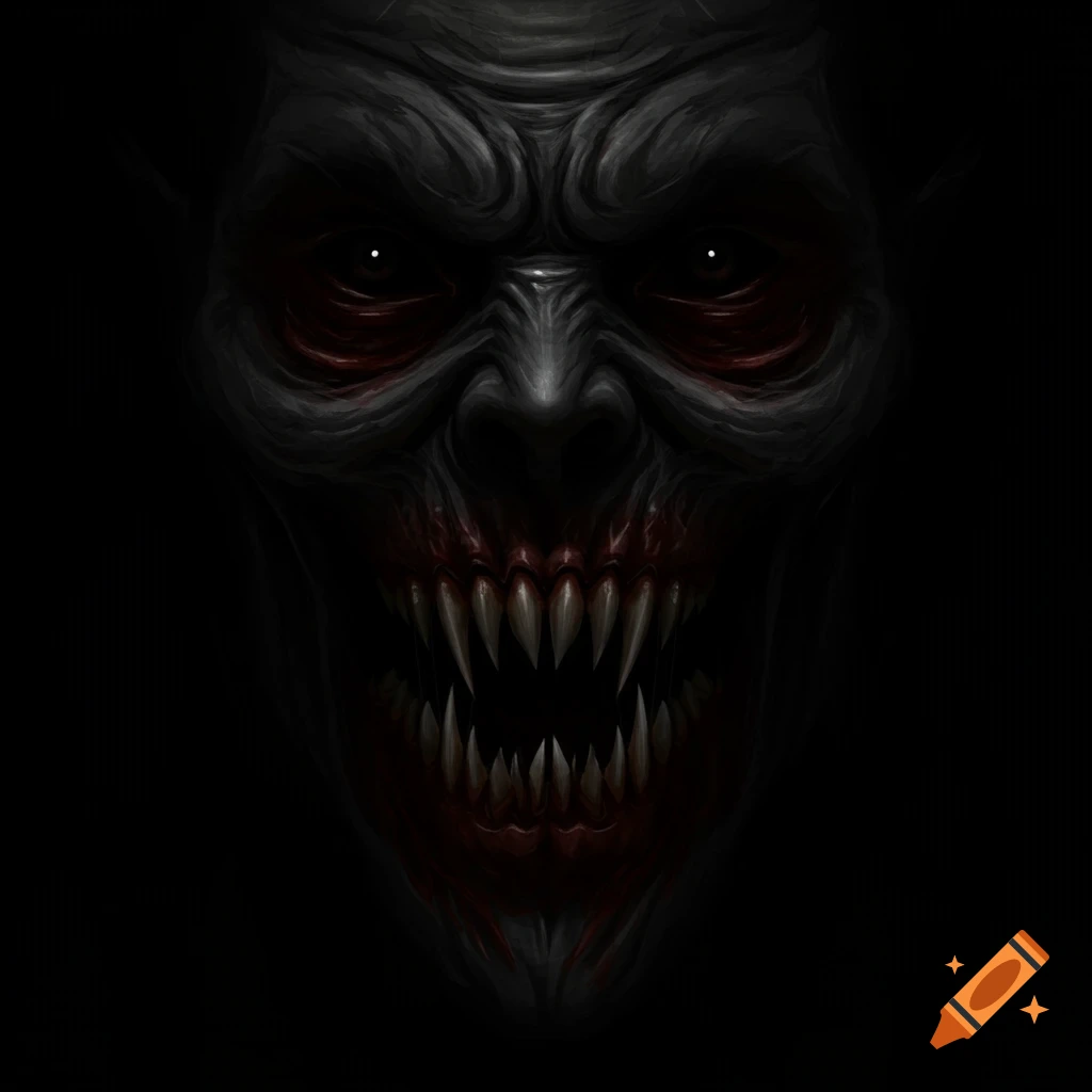 Close-up of a scary monster face with sharp teeth and glowing eyes in darkness