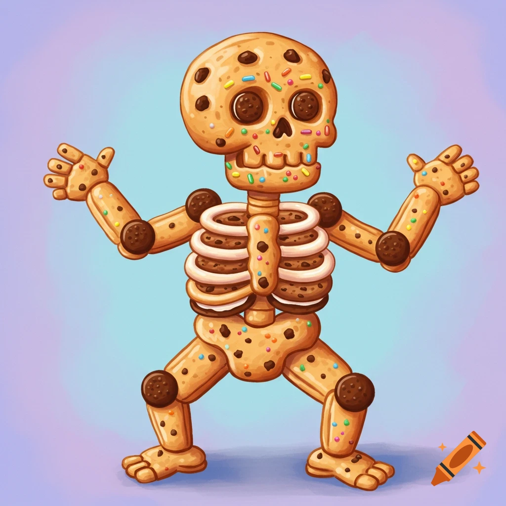 A funny skeleton made of cookies with sprinkles and chocolate chips.
