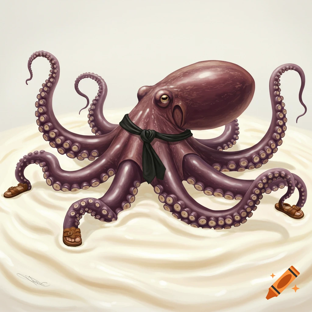 A realistic octopus wearing a tie and sandals sits on a creamy white surface.