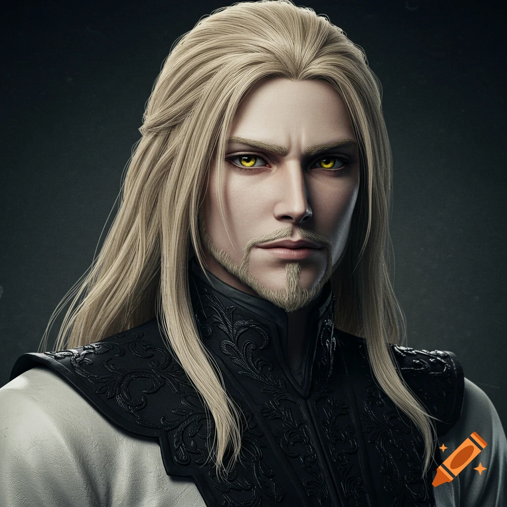 Detailed portrait of a young man with long blonde hair, goatee, yellow eyes, and black and white fantasy clothing.