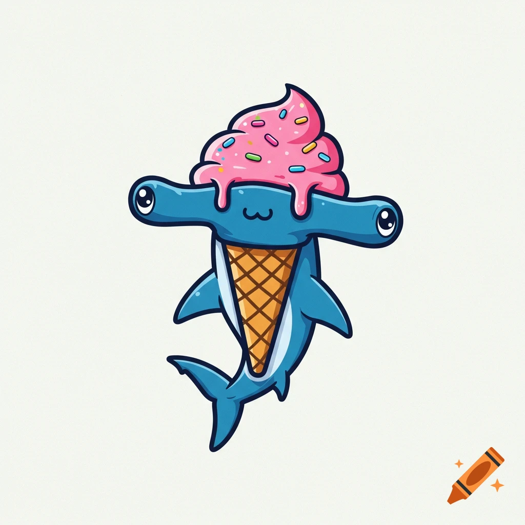 Cute cartoon illustration of a hammerhead shark shaped like an ice cream cone.
