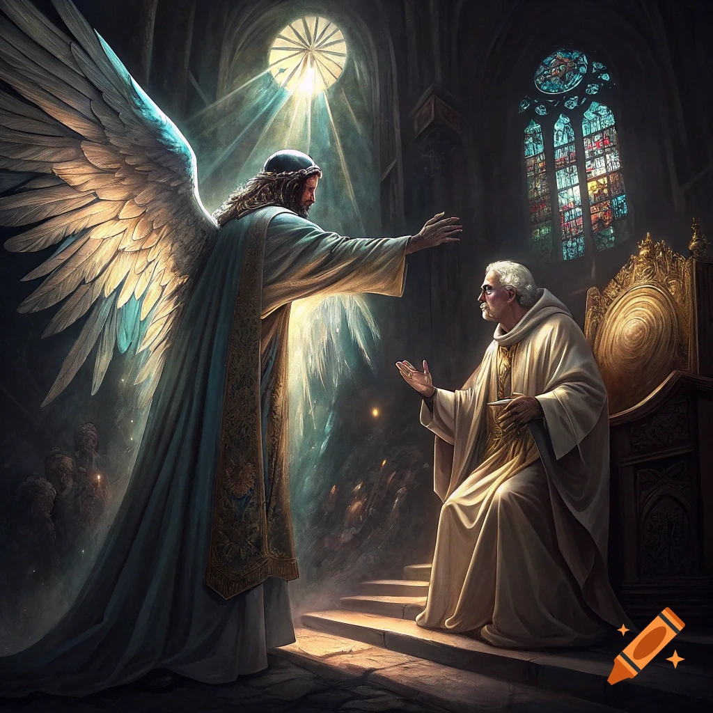 An angelic figure with large wings reaches out to an old man in religious robes sitting in a church.