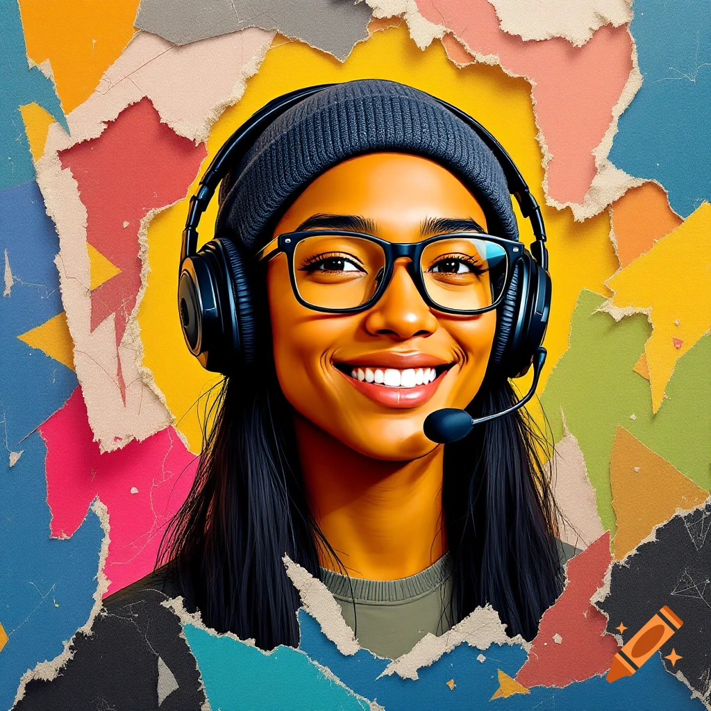 Smiling person with headset and glasses in a colorful cut-paper collage portrait.