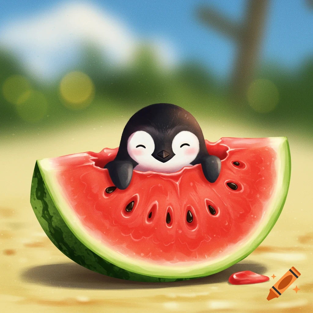 Cute cartoon penguin sits inside a slice of watermelon