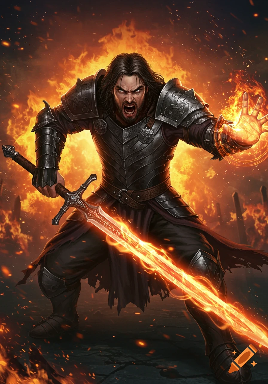 A fierce male warrior in dark armor holding a flaming sword and using fire magic, in a cinematic fantasy art style.