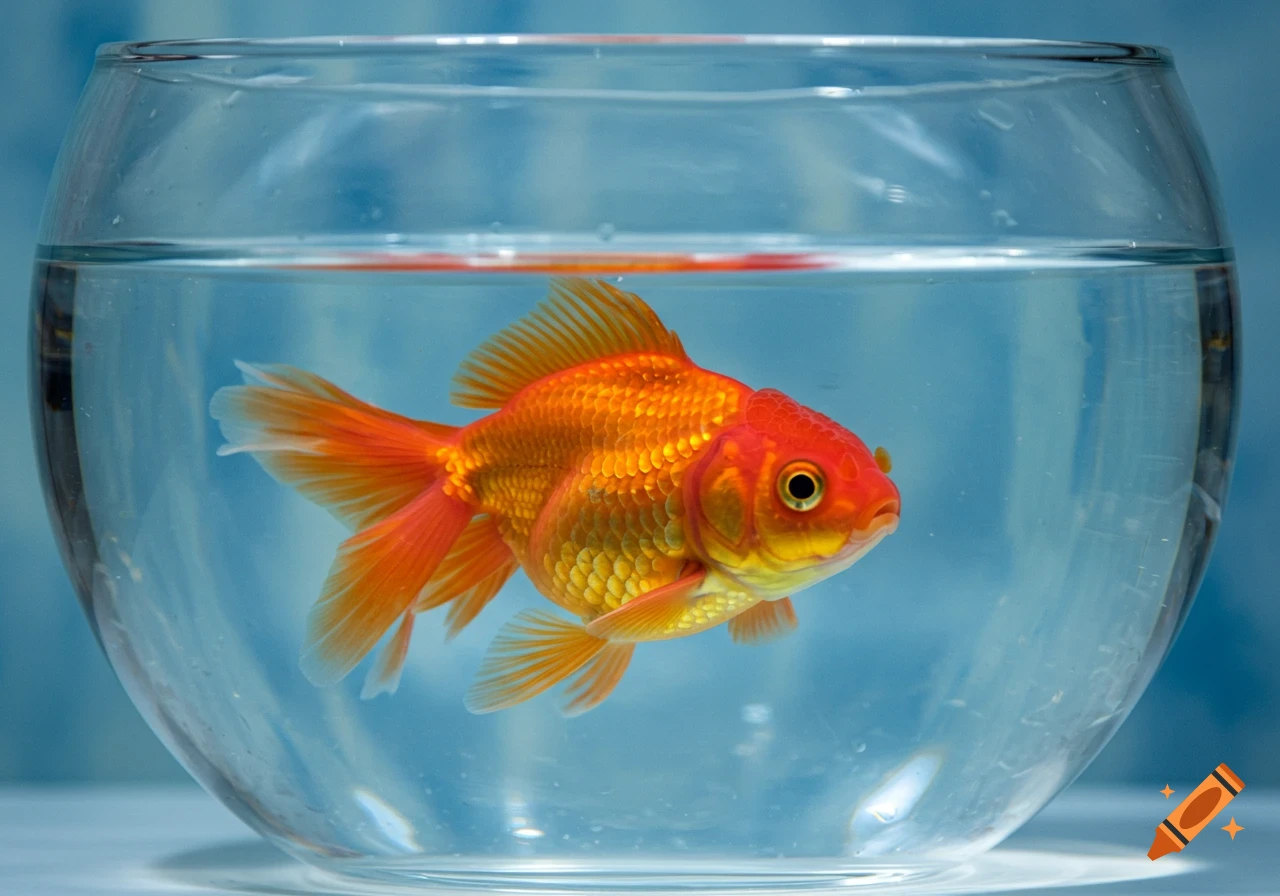 A single orange goldfish swims in a glass bowl with a blue background.