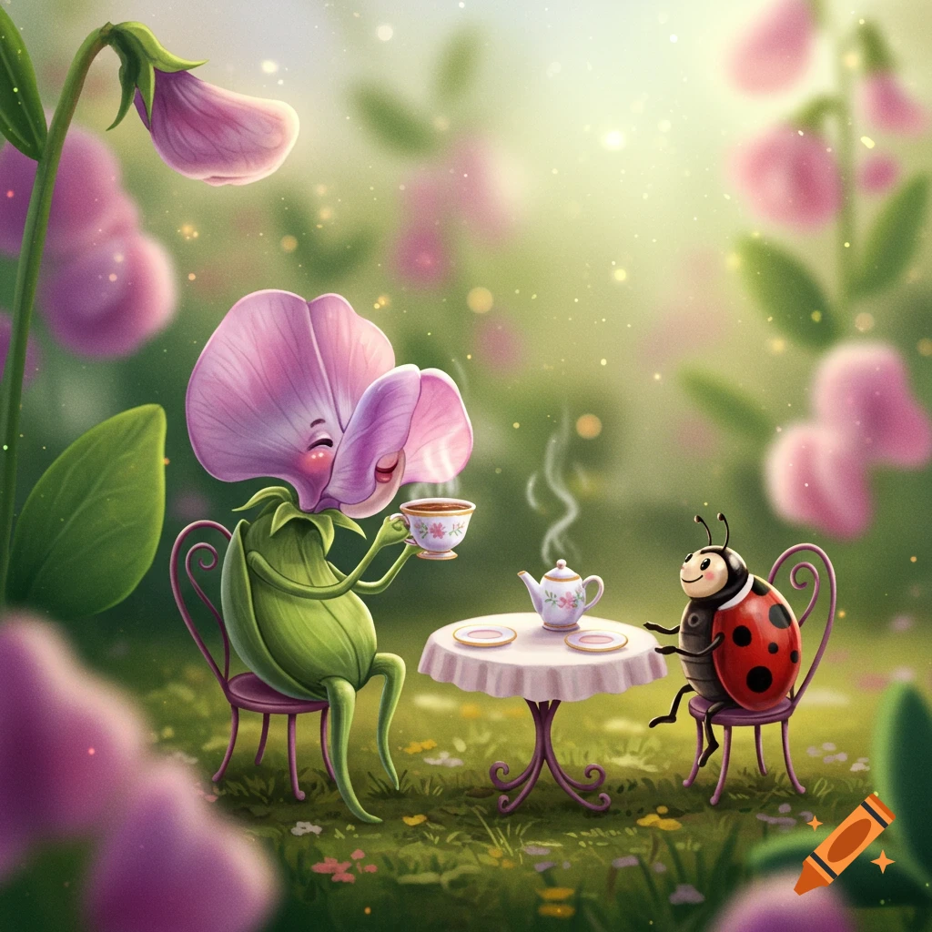 Cartoon sweet pea flower and ladybug having tea in a garden.