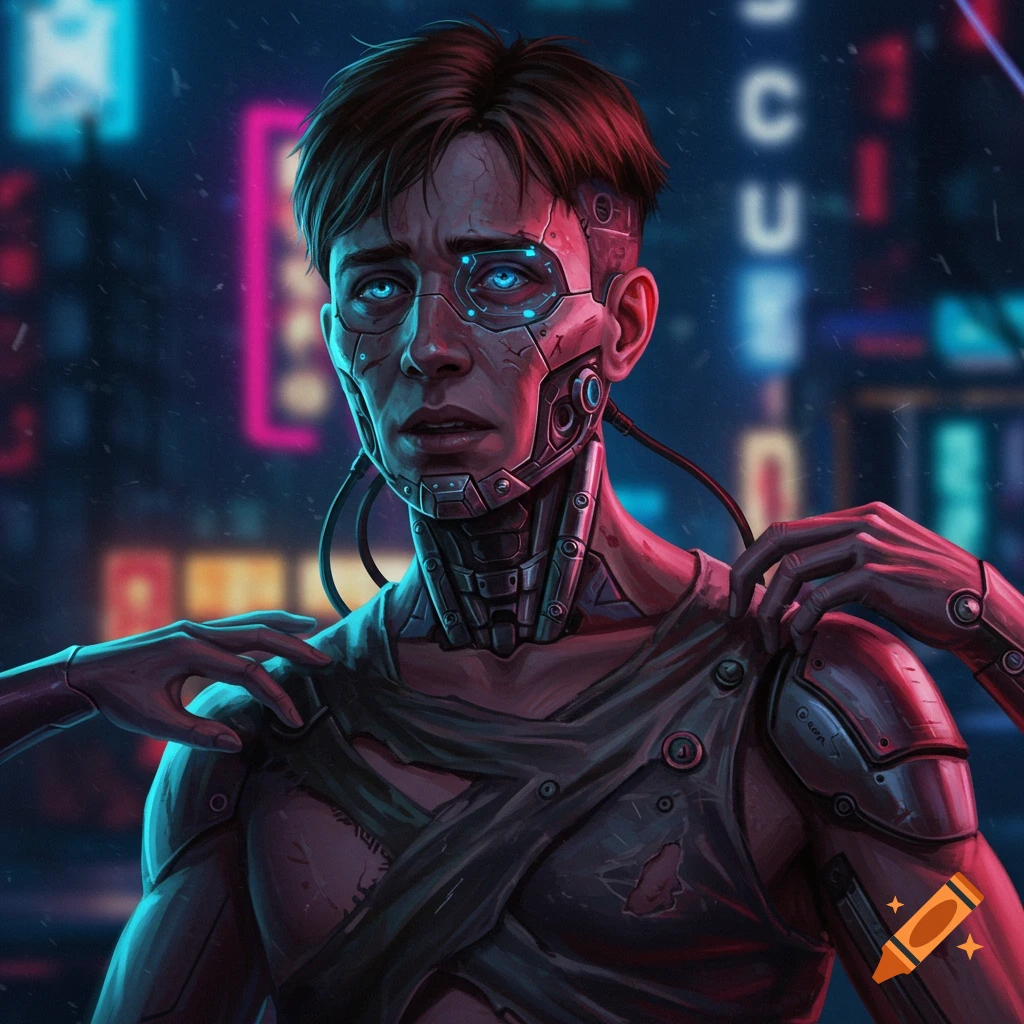 A person with mechanical parts on their face and body in a cyberpunk city.
