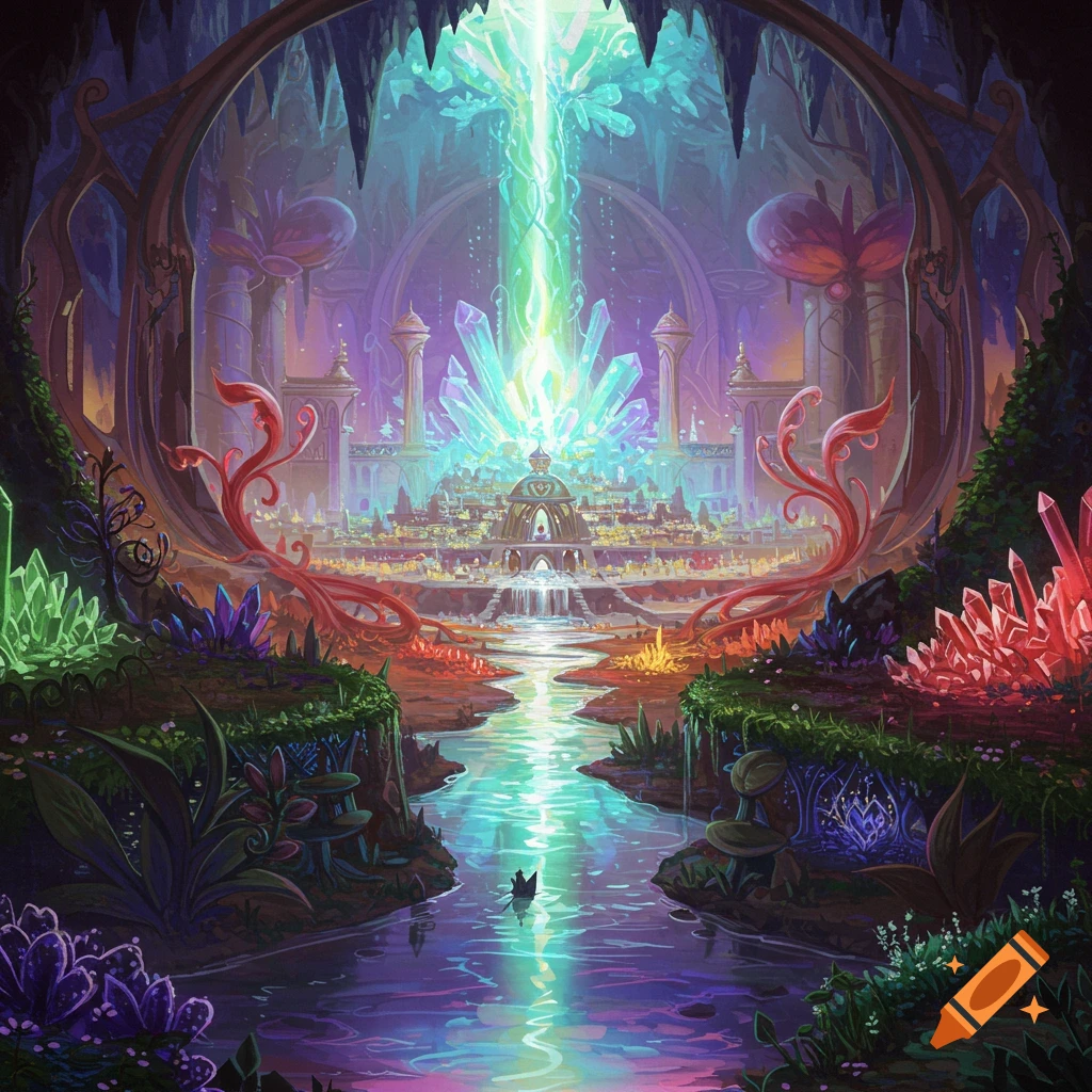 Vibrant fantasy of an underground city with a glowing crystal beam and river in a cavern filled with colorful crystals.