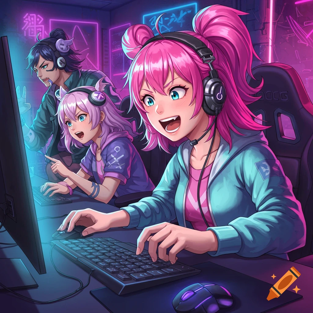 Three anime friends gaming together in a neon-lit room.