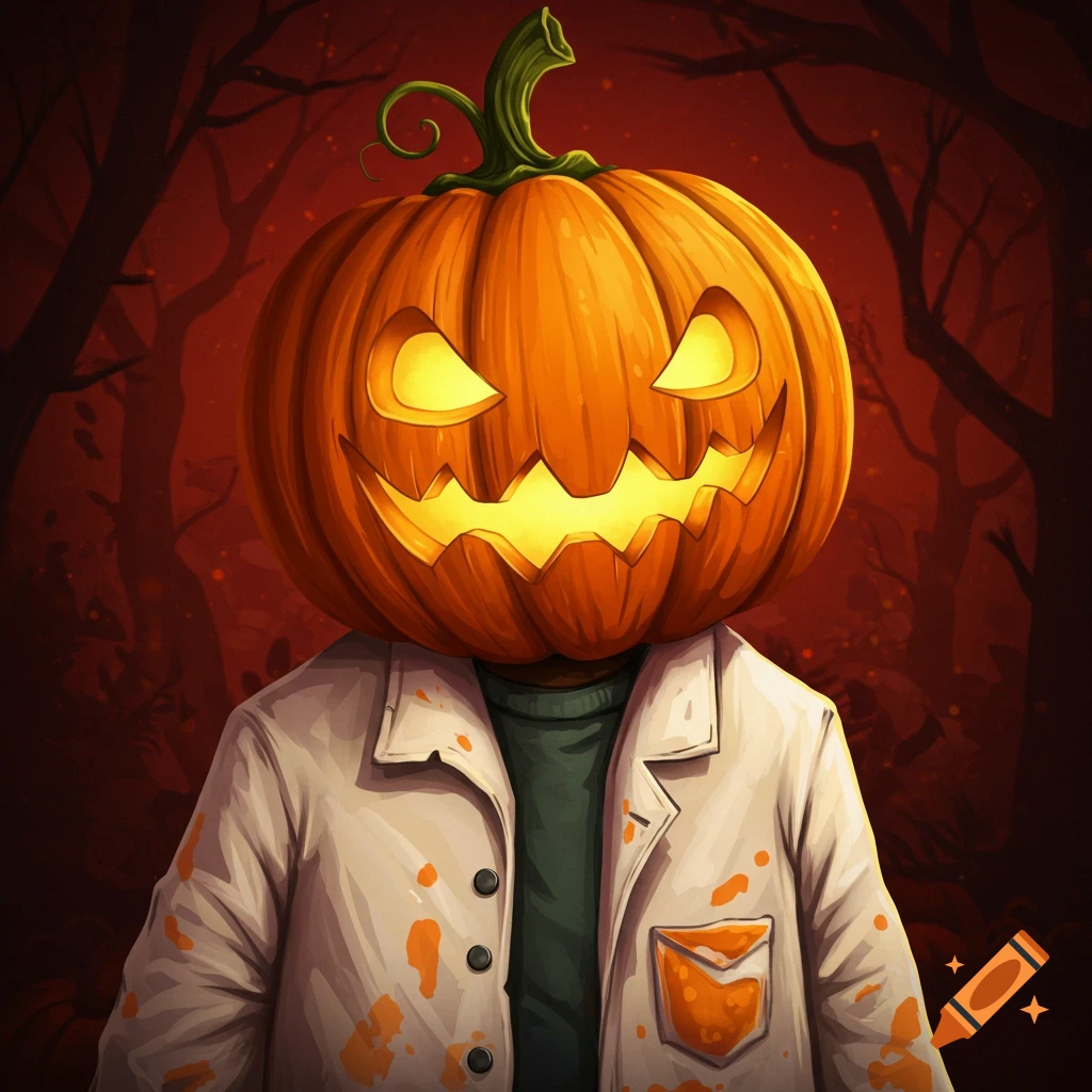 A pumpkin-headed figure in a lab coat stands in a dark forest.