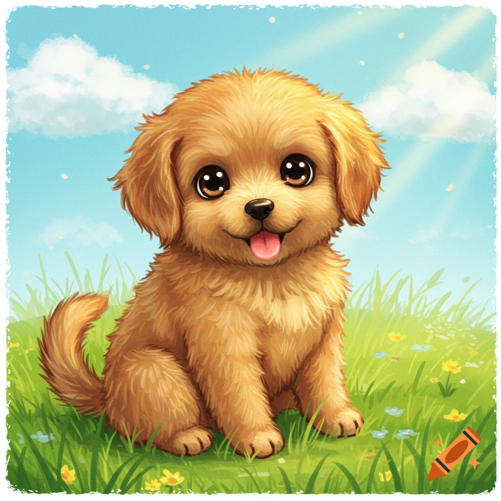 A cute puppy sits in a grassy field under a sunny sky.