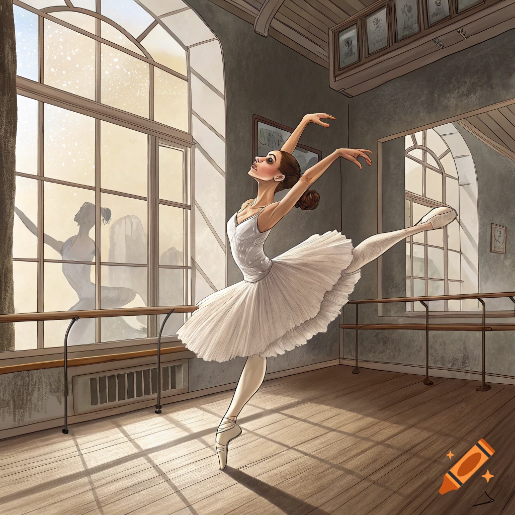 An illustrated ballerina practices in a sunlit studio.