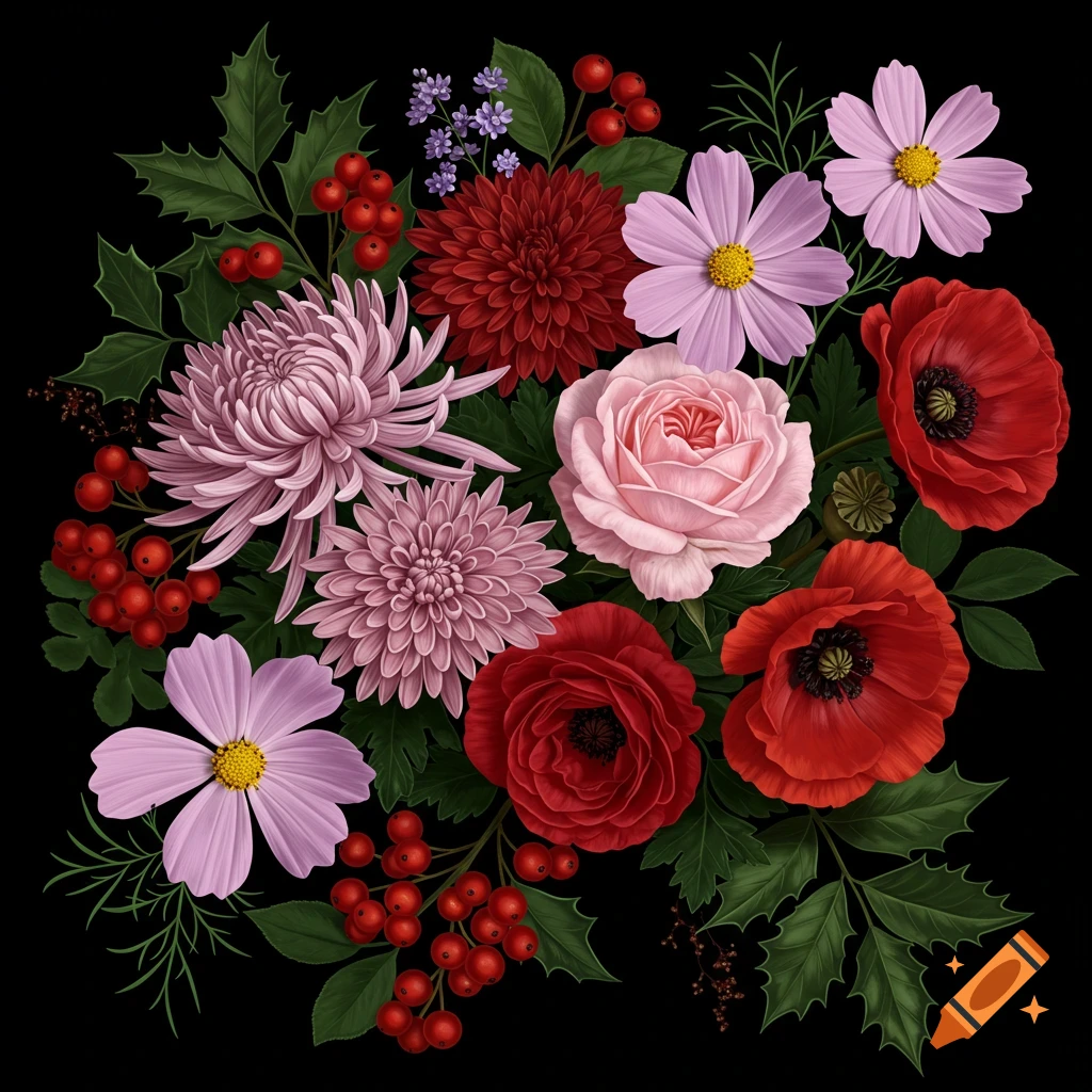 A bouquet of chrysanthemums, roses, poppies, cosmos, and holly berries on a black background.