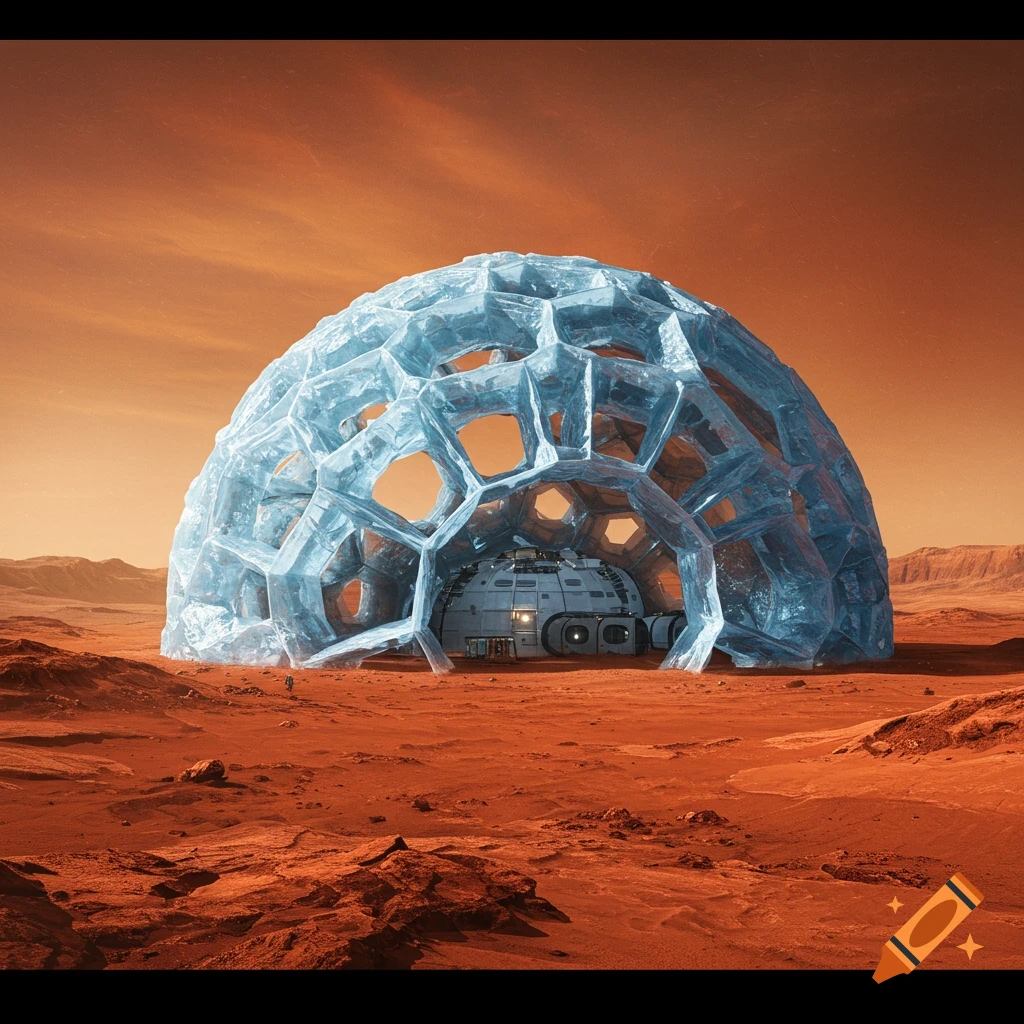 A futuristic ice dome habitat on the surface of Mars.