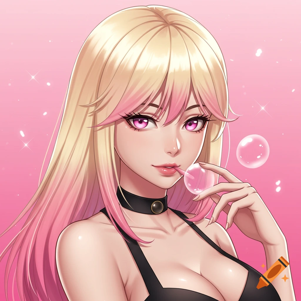 An anime illustration of a woman with blonde and pink hair and pink eyes blowing a bubble.