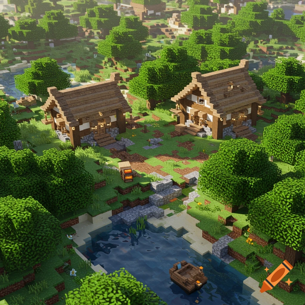 Realistic rendering of a Minecraft village scene with two wooden houses ...