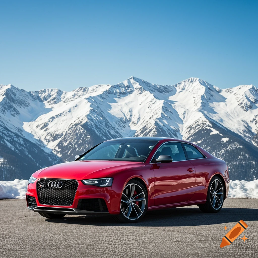 A red Audi RS5 car parked on a road overlooking snowy mountains under a clear blue sky.