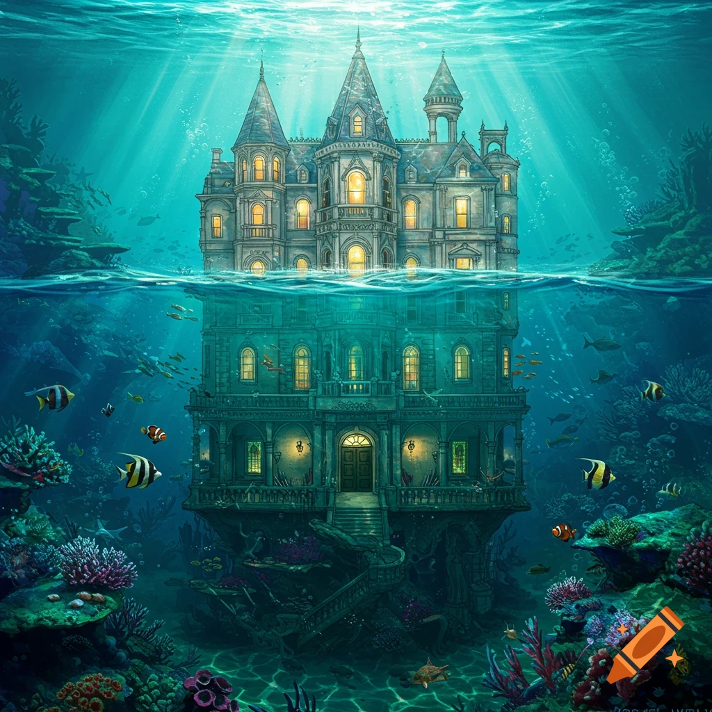 A fancy mansion submerged underwater with fish swimming around coral reefs.