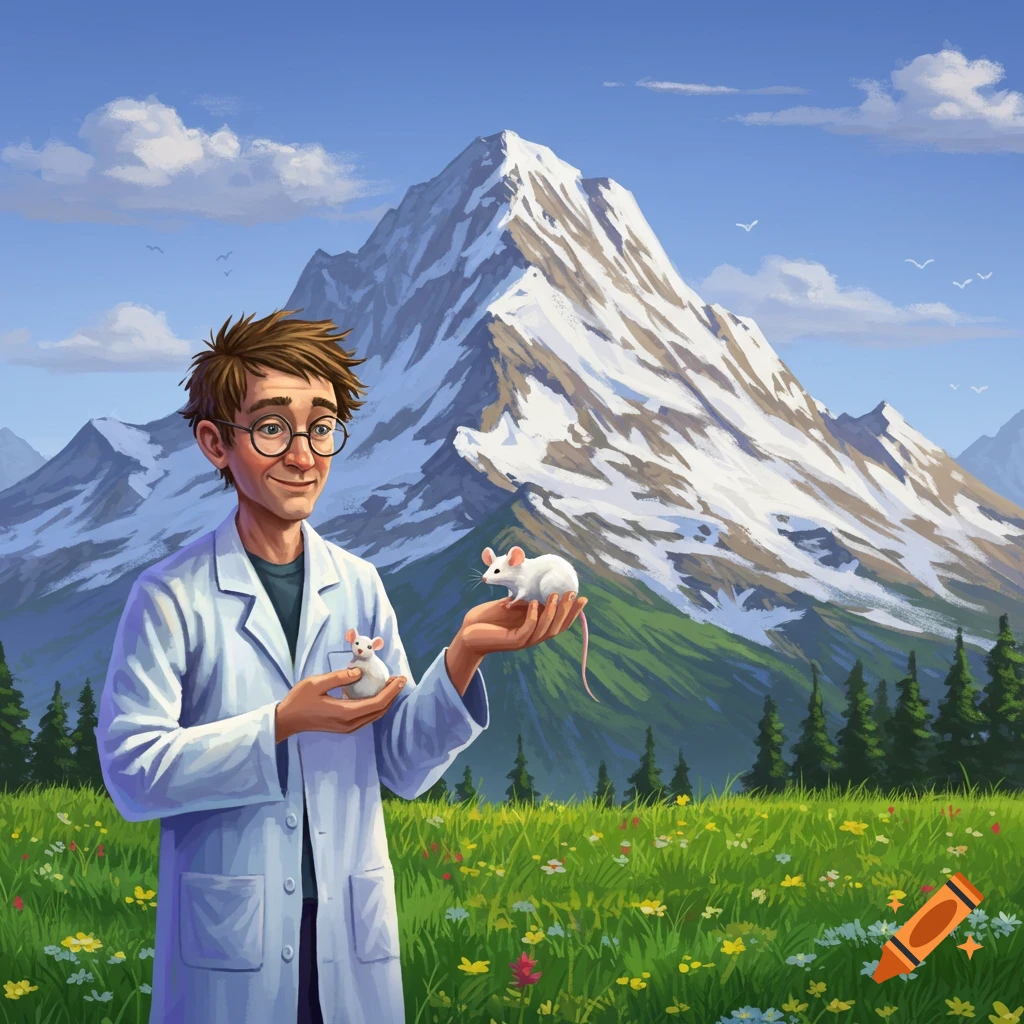 A scientist in a lab coat holds two white mice in a grassy field with a large snowy mountain behind him.