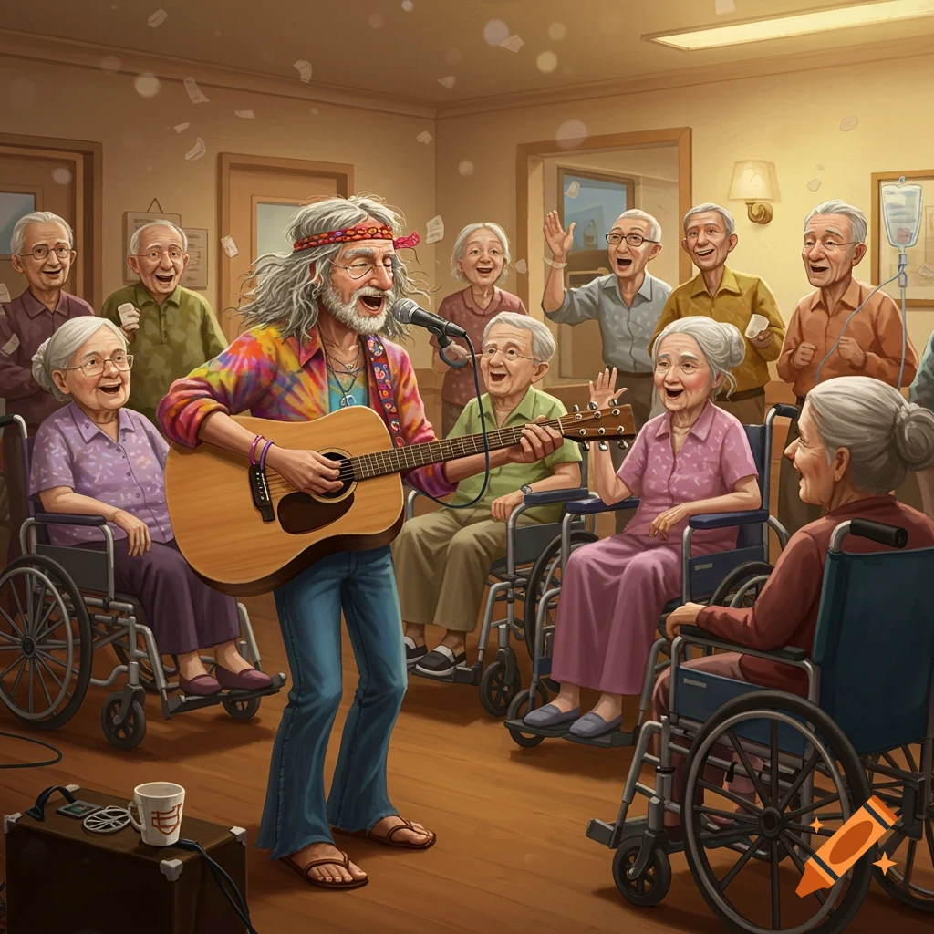 A hippie plays acoustic guitar for a smiling crowd of elderly people in wheelchairs in a nursing home.