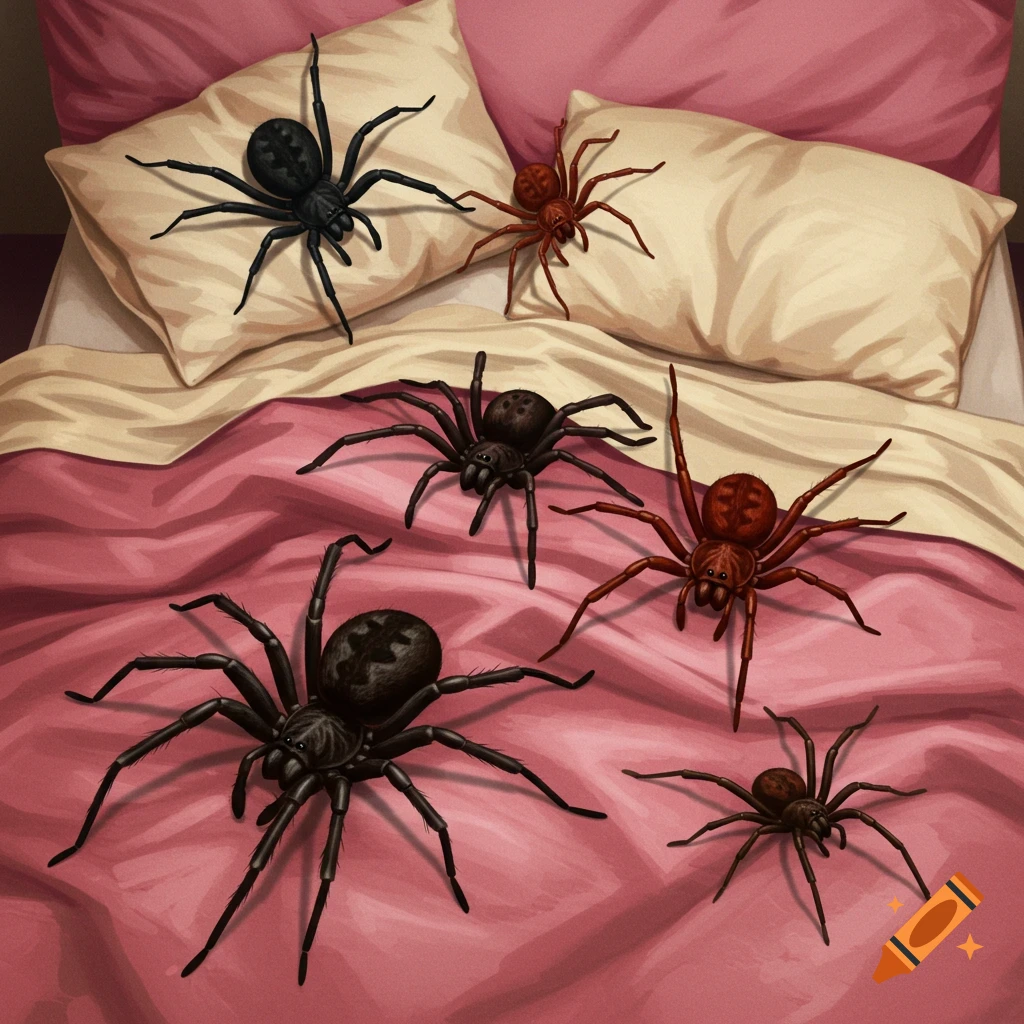 Several black and red spiders on a pink bed.