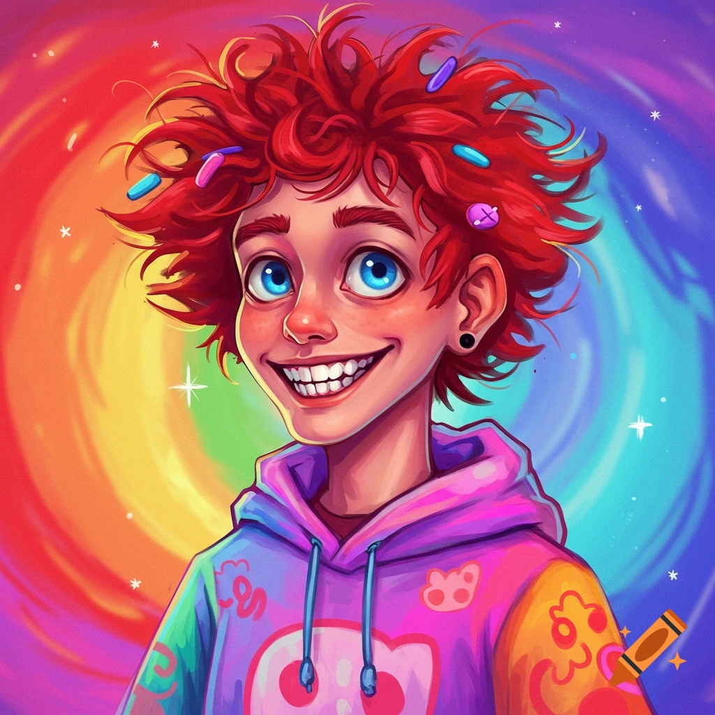 Stylized cartoon portrait of a smiling person with red hair wearing a colorful hoodie against a rainbow background.