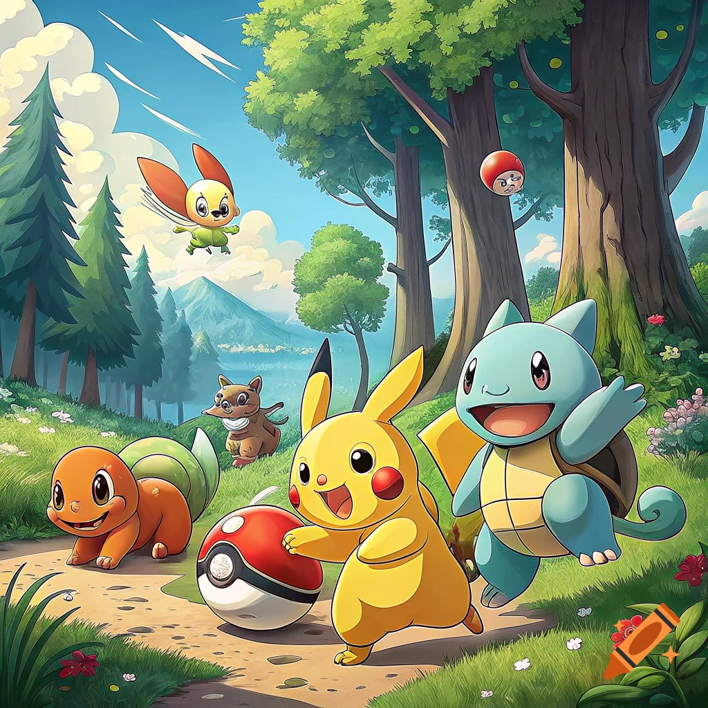 Cartoon Pokémon characters playing with a Poké Ball in a forest.