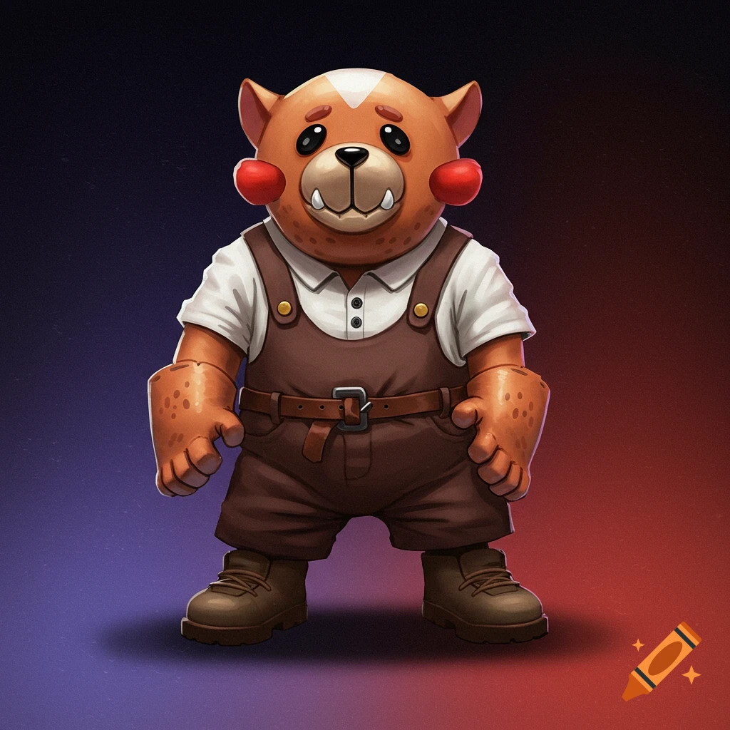 A cartoon bear-like creature wearing brown overalls.