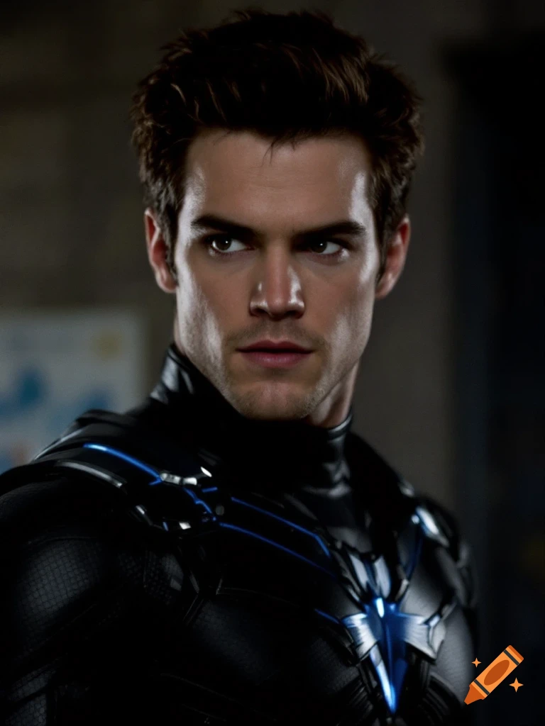 Portrait of a man resembling Dylan O'Brien in a black superhero suit with blue accents.
