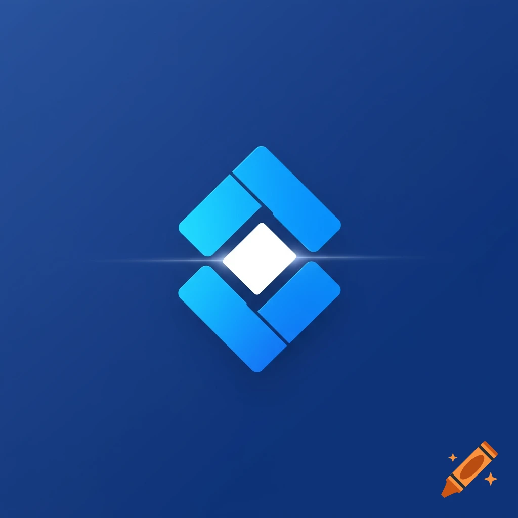 A futuristic abstract logo with blue geometric shapes around a white square on a blue background with a light flare.