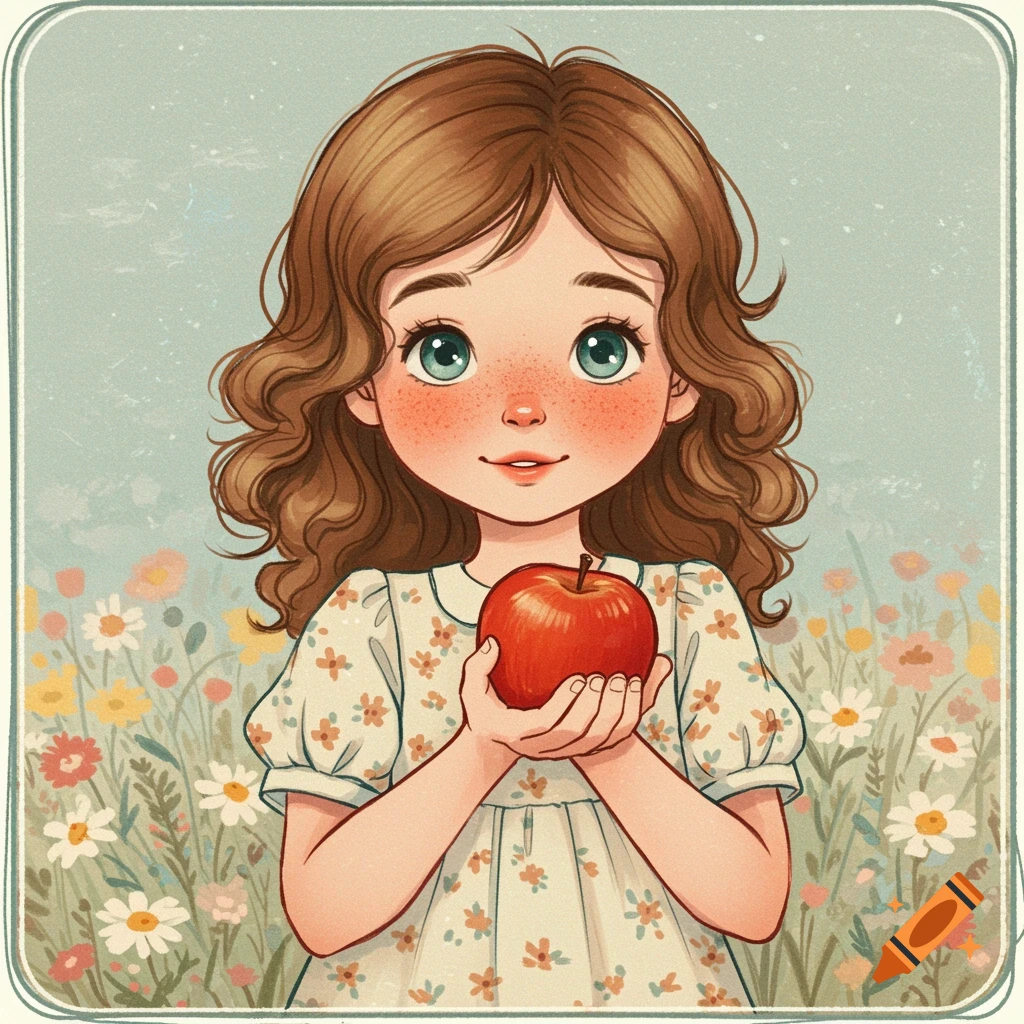 Illustrated girl holding an apple in a field of wildflowers, children's book style.