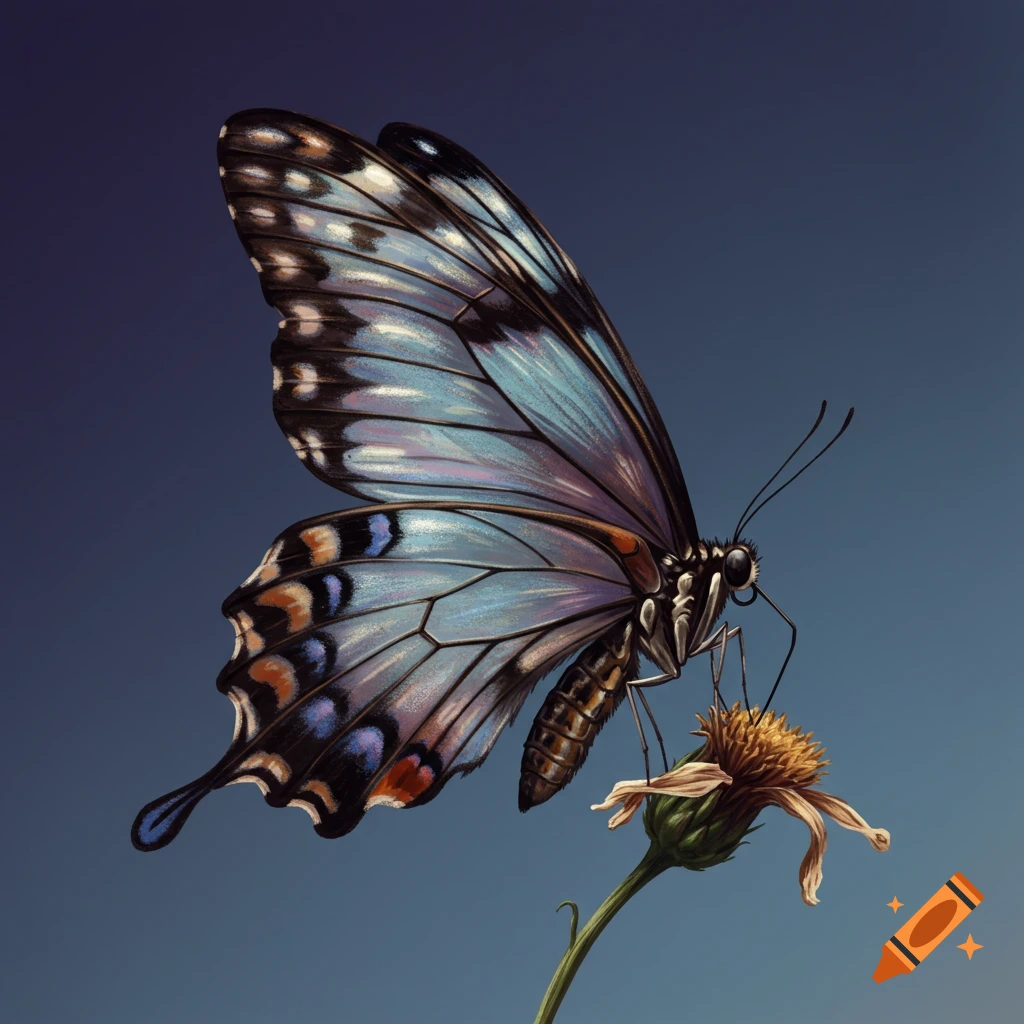 A blue and black butterfly rests on a wilting flower.