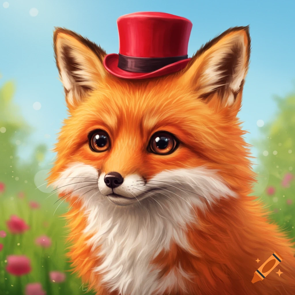 A cute fox wearing a red top hat in a field of flowers.